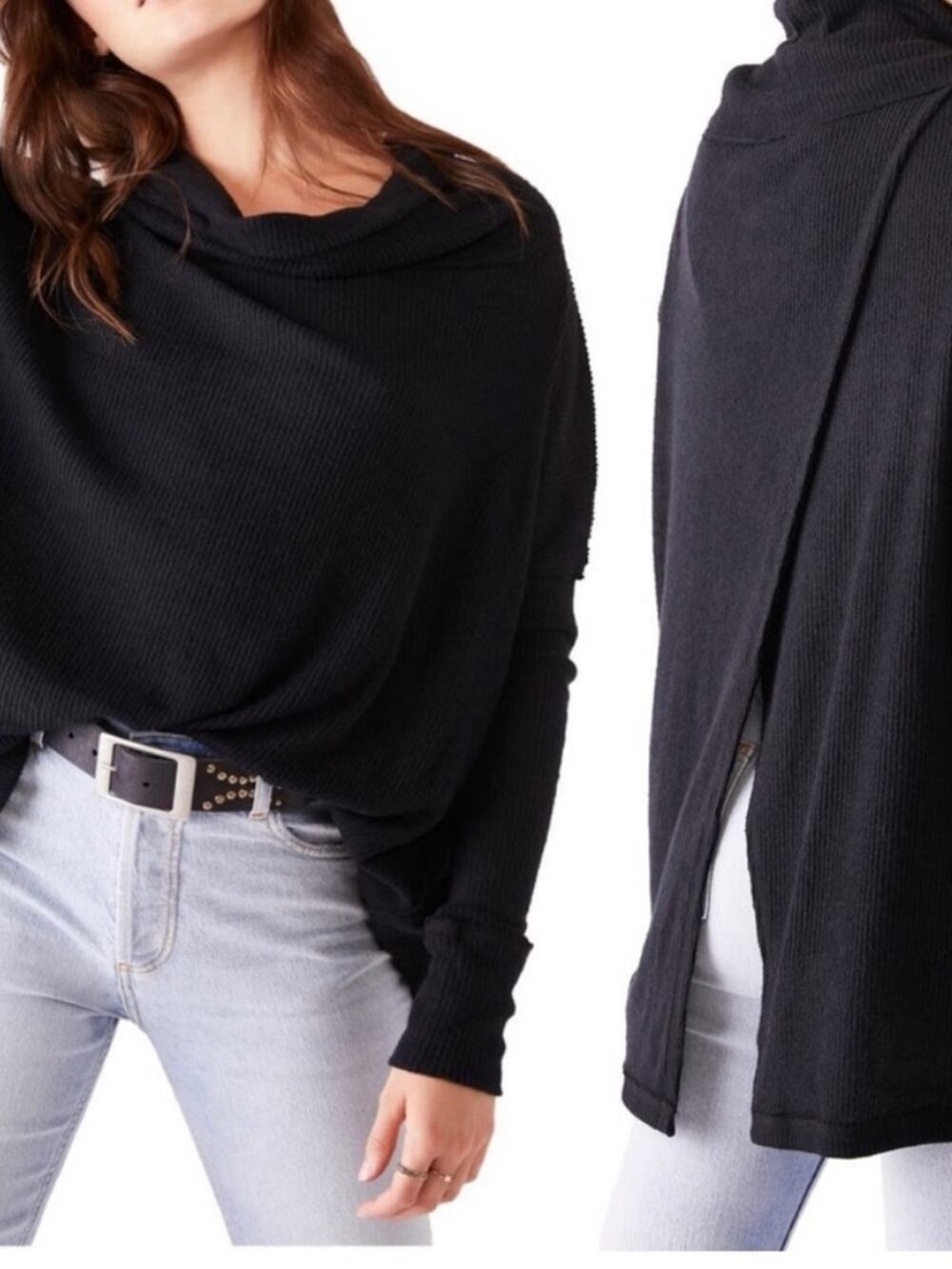 Free People Juicy Thermal Top Date Night Black Cowl Neck Oversized XS